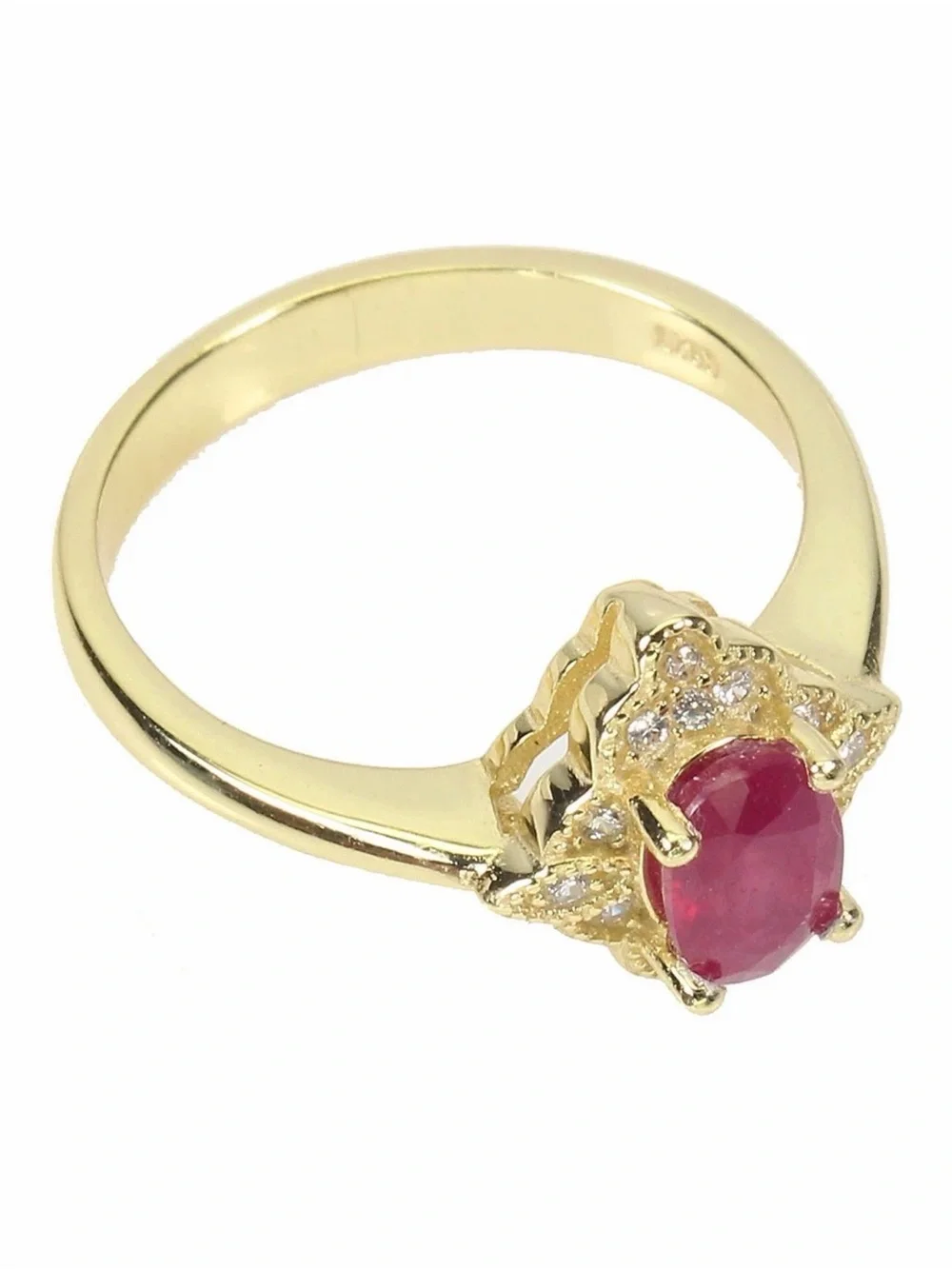 Stunning Natural 7x5mm Oval Ruby Zircon  accent in 14K Yellow GP Ring Size 6